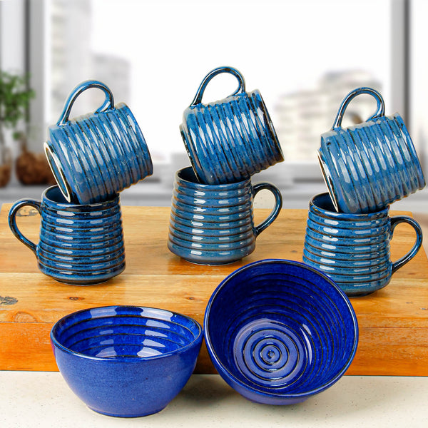 Sage Blue Ceramic Bowls and Tea Cup Combo | Microwave and Dishwasher Safe